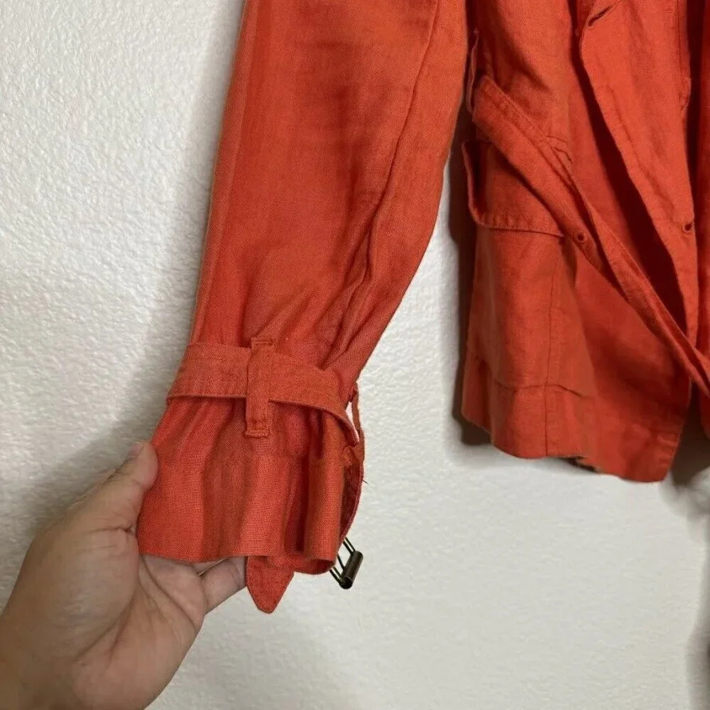 Talbots Orange Irish Linen Trench Coat Button Belted Summer Spring Jacket Sz 4P - Picture 5 of 14